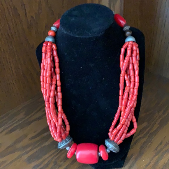 Vtg Red Stone and Silver Accents 8-Strand Necklace - Picture 1 of 3